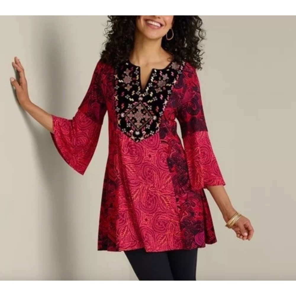 Soft Surroundings Sz XL Suzi Tunic Velvet Embroidered Bell Sleeve Boho Hippie
